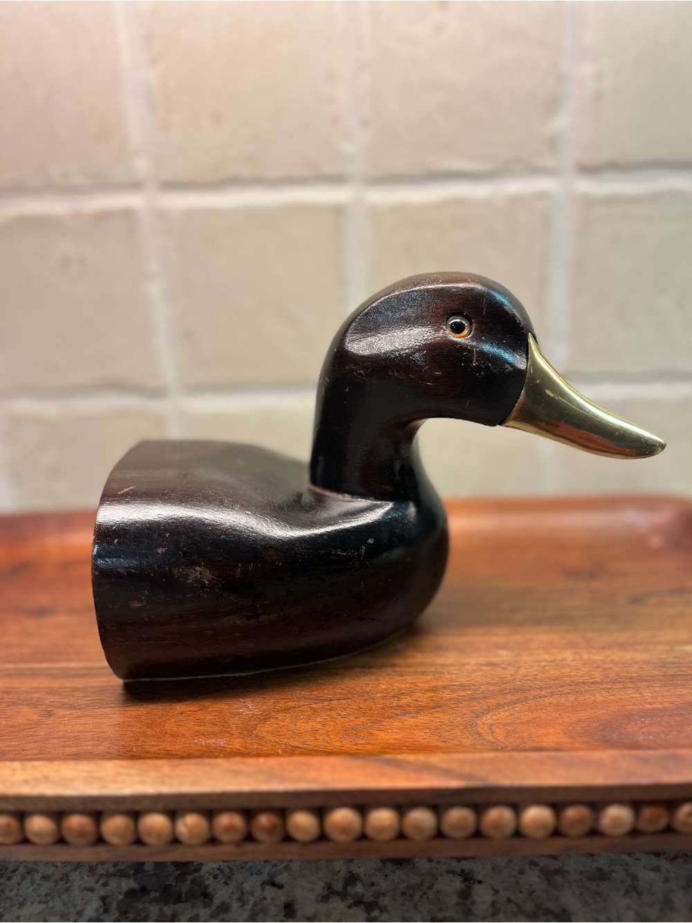 Vintage Dark wood  Brass Duck Figurine Bookend Half of a Duck